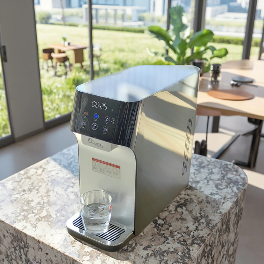 Puretal Electric Powered Plastic Desktop Water Dispenser Automatic Touch Screen Home Filter System Hot Cold Water Household Use