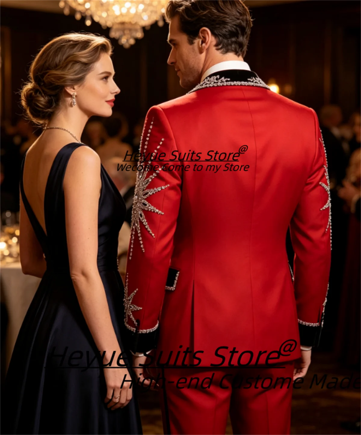 Gorgeous Star Rhinestone Groom Wedding Tuxedos Customized Red Slim Fit Peak Lapel Men Suits 2 Pieces Sets Elegnat Costume Homme view 3