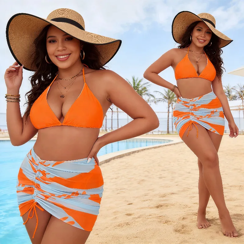 Plus Size 3‑Piece Bikini Set Halter Neck Swimsuit with Printed Drawstring Mesh Skirt Beach Outfit Swimwear For Summer Vacation - view 2