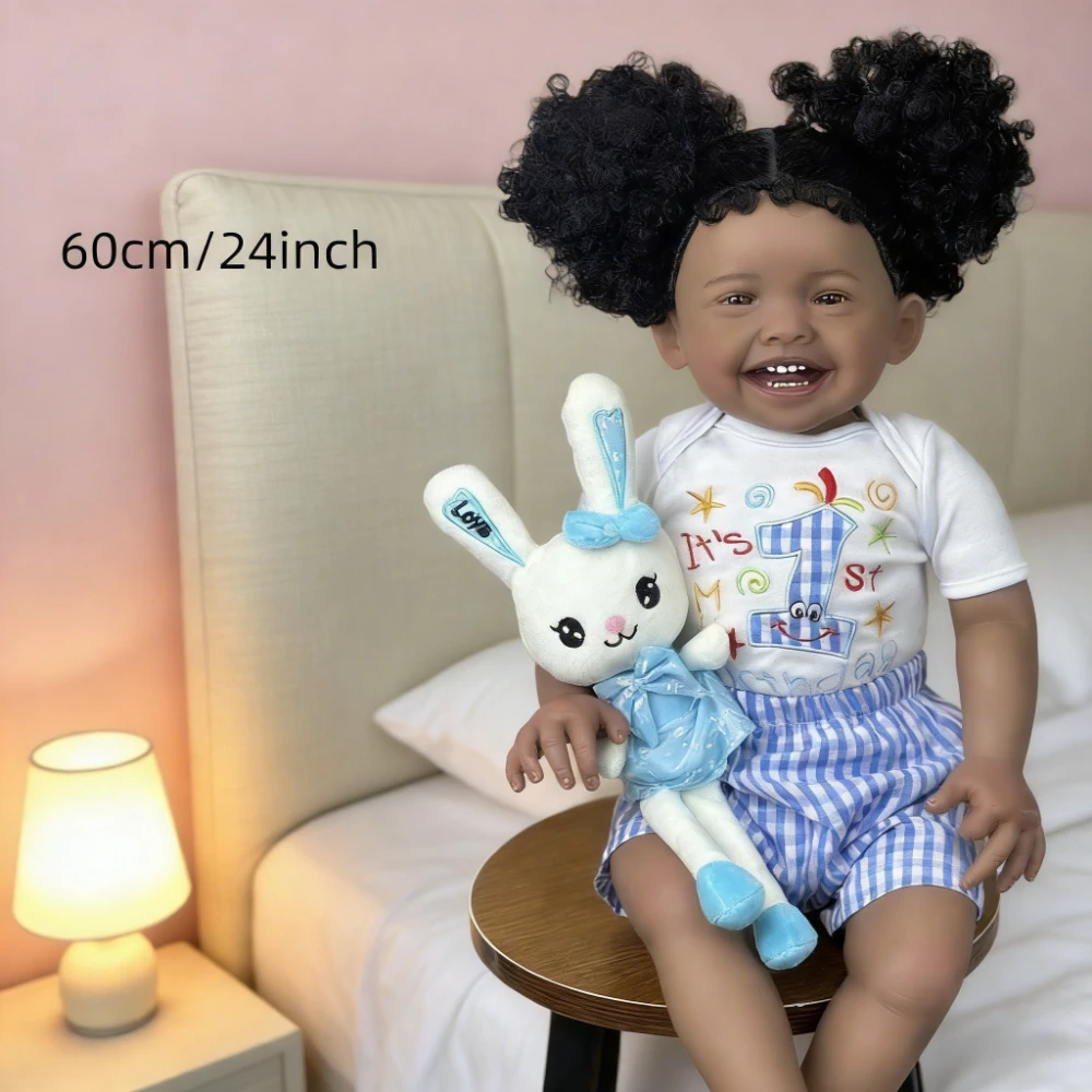 BZDOLL Handmade 24inch Black Smiling Simulation Doll, 60cm Reborn Doll Cloth Body Implanted Hair with Bottle & Pacifier