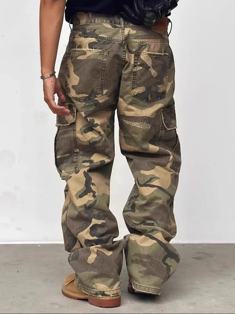Men's Camouflage Cargo Jeans Spring Autumn Multiple Pockets Straight Leg Denim Pants American Casual Fashion Retro Trousers