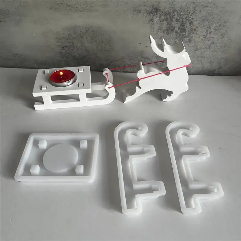 Elk Pull Christmas Sled Plugin Decoration Candle Holder Silicone Mould Christmas Ornament Pouring Cement Concrete Gypsum Mold ﻿