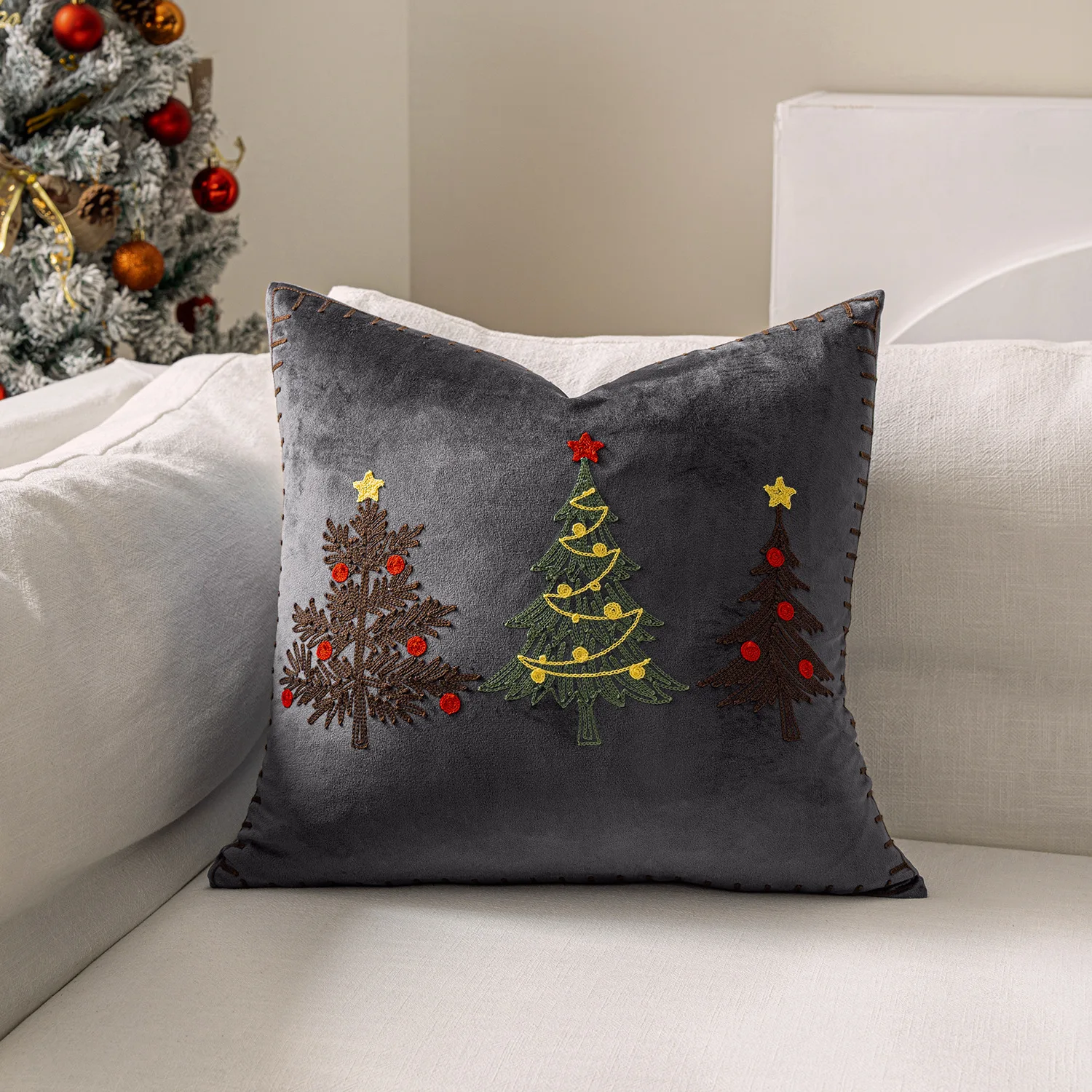 45x45cm Weihnachtsbaum bestickter Kissenbezug Cojines kurzer Plüsch Weihnachten Wohnzimmer dekorativer Heimsofa-Überwurf-Kissenbezug – Detail 13