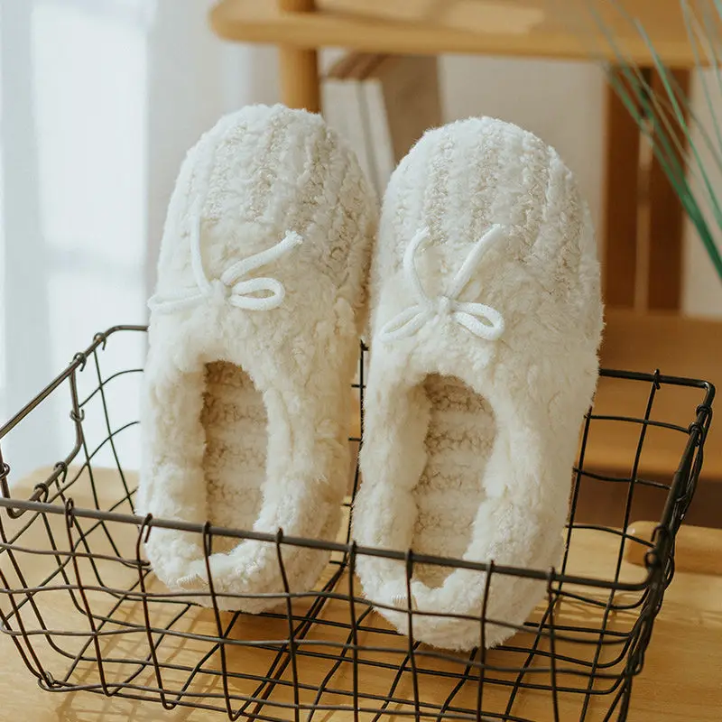 Postpartum Women's Bow Knot Fleece Lined Soft Sole Silent Indoor Slippers Winter Warm Closed Back Slip Resistant Pregnant