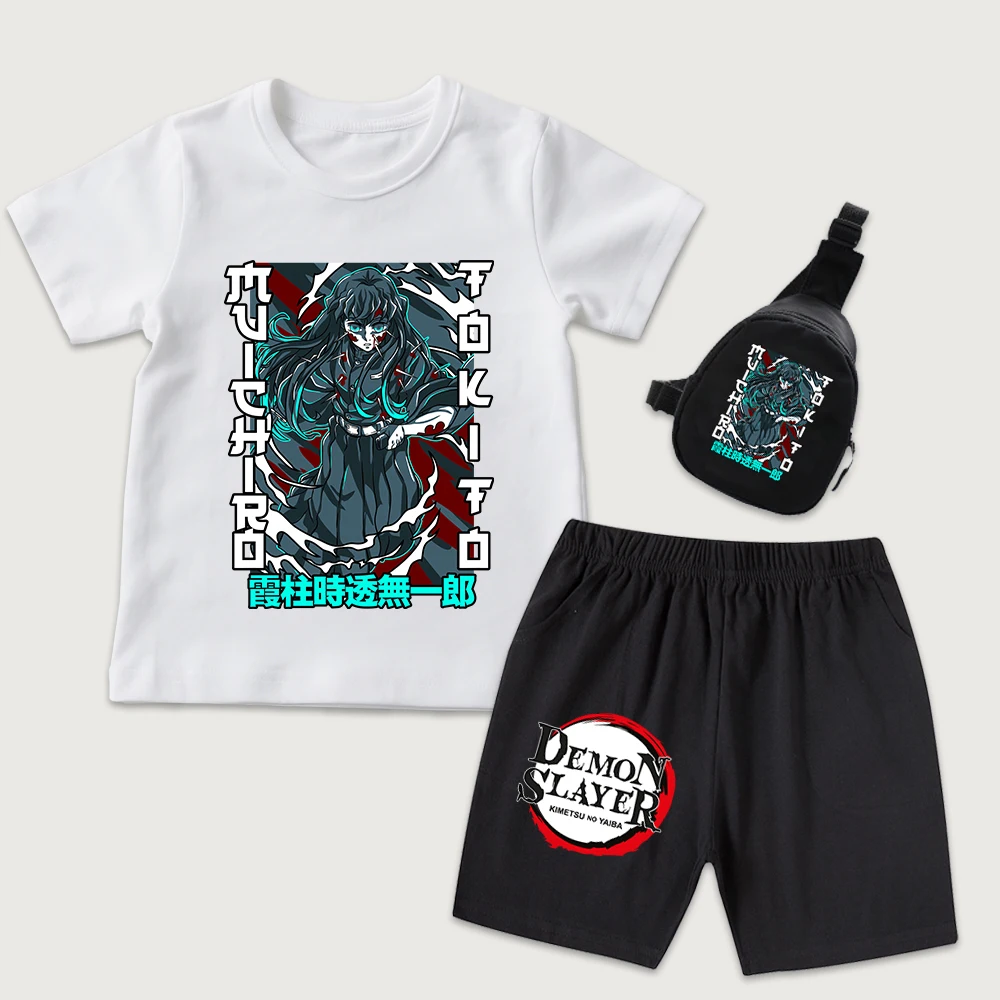 Demon Slayer Muichiro Tokito Anime Print Kids Cotton T Shirt And Shorts Mini Chest Bag 3 Piece Set Boys Girls Summer Outfits view 3