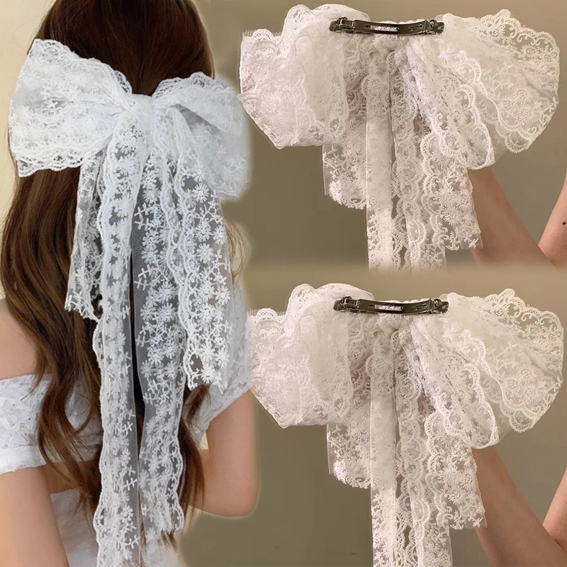 

Большая заколка для волос с белым и черным кружевом и бантом, нежная, милая, в стиле Лолита, для свадьбы и вечеринки, новые украшения для волос, аксессуары