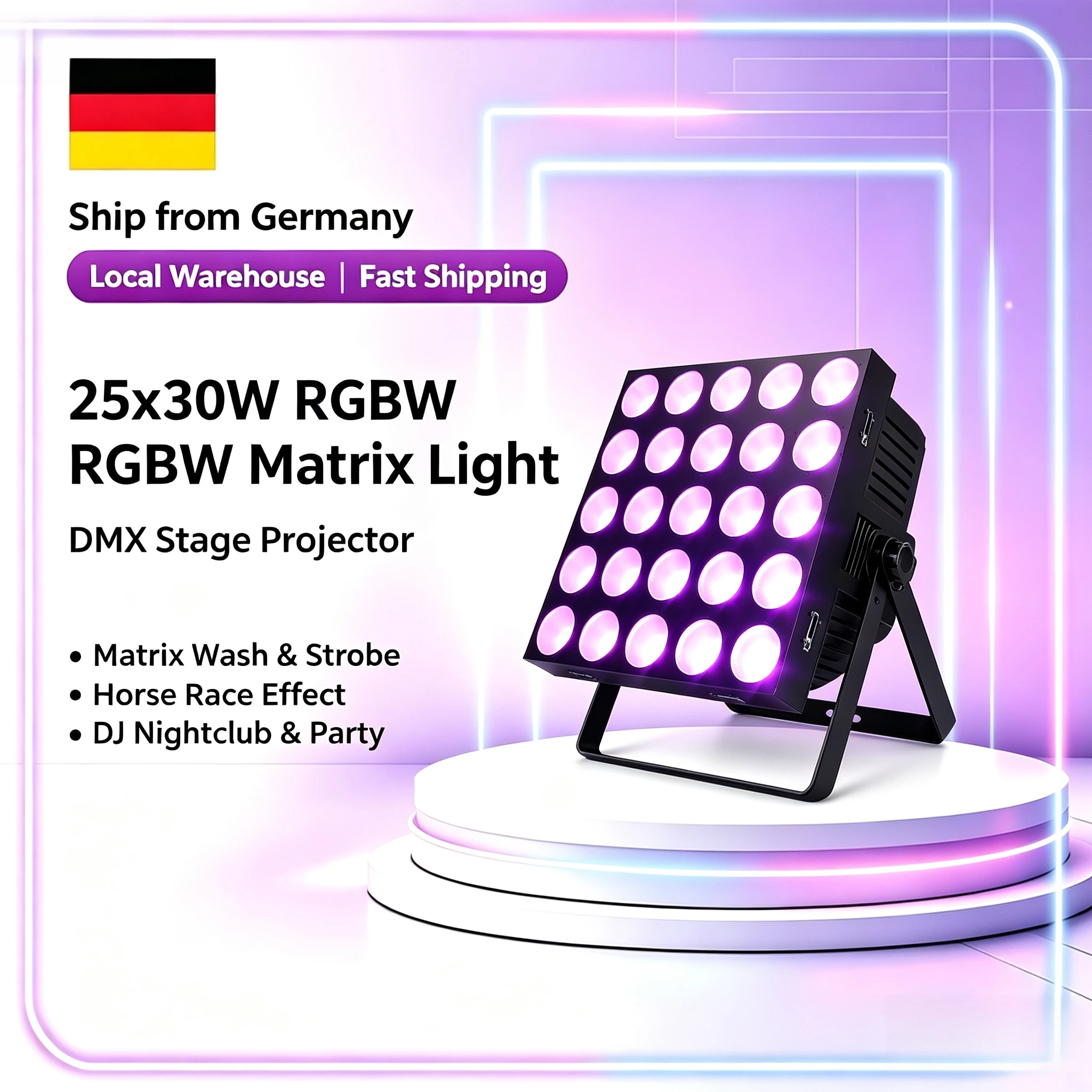 Projecteur de scène DMX 25x30W RGBW avec effet matriciel, effets de lumière uniforme et stroboscopique, effet de course de chevaux, idéal pour les DJ, les boîtes de nuit, les fêtes, l’éclairage de sol, les bars et les effets de fond.