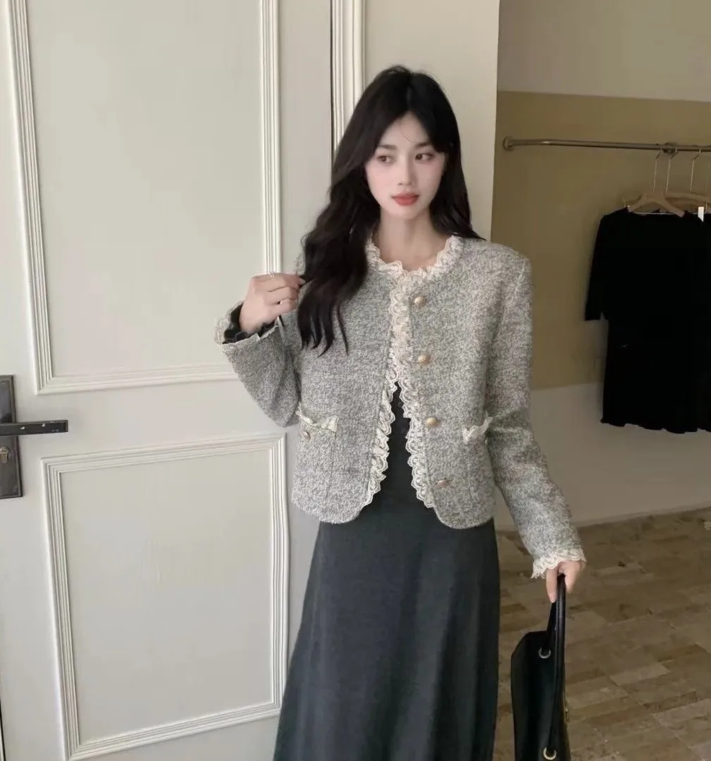 트위드 재킷 청소년용 여성용 가을 방수 경량 지퍼 캠퍼스 레귤러 아웃도어 스포츠웨어 포켓 멀티컬러