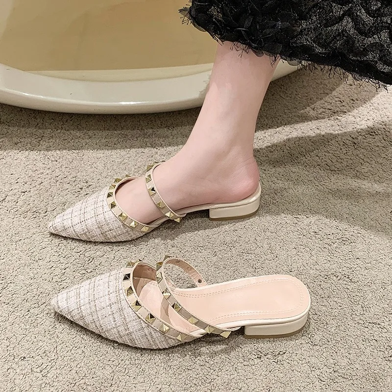 Women Baotou Slippers 2024 Summer New Fashion Low Heel Pointed Toe Casual Women Wear Outside Breathable Mesh Rivet