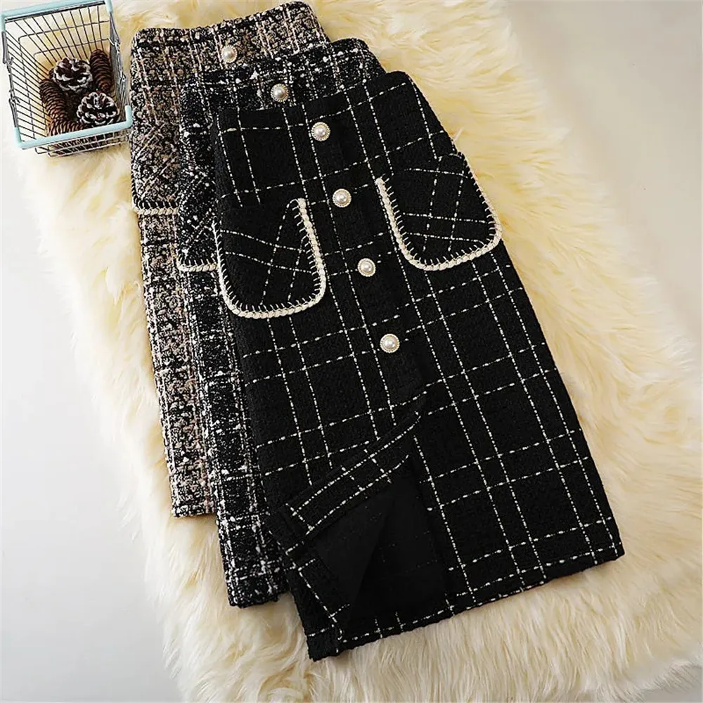 

High Waist Elegant Plaid Pearl Button Tweed Skirts For Women Pocket Long Skirt Autumn Winter Chic Split A-Line Skirt Streetwear