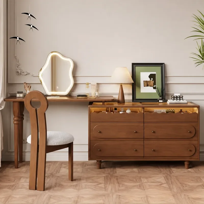 Retro Solid Wood Dresser with Retractable Top Roman Column Design Makeup Table for Small Apartment Bedroom Medieval Style