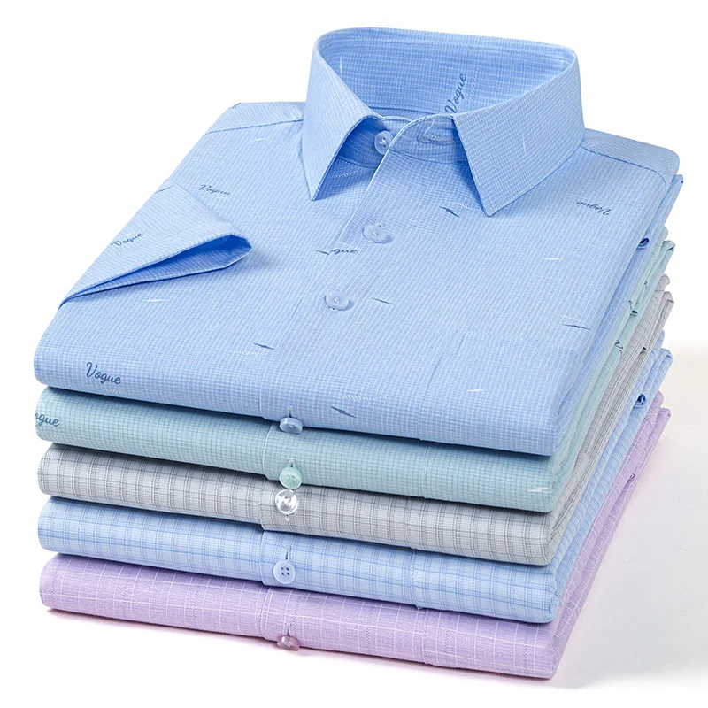 Bamboo fiber summer short sleeve shirts for man slim fit foraml plain shirt casual plaid tops printing elegant office clothes