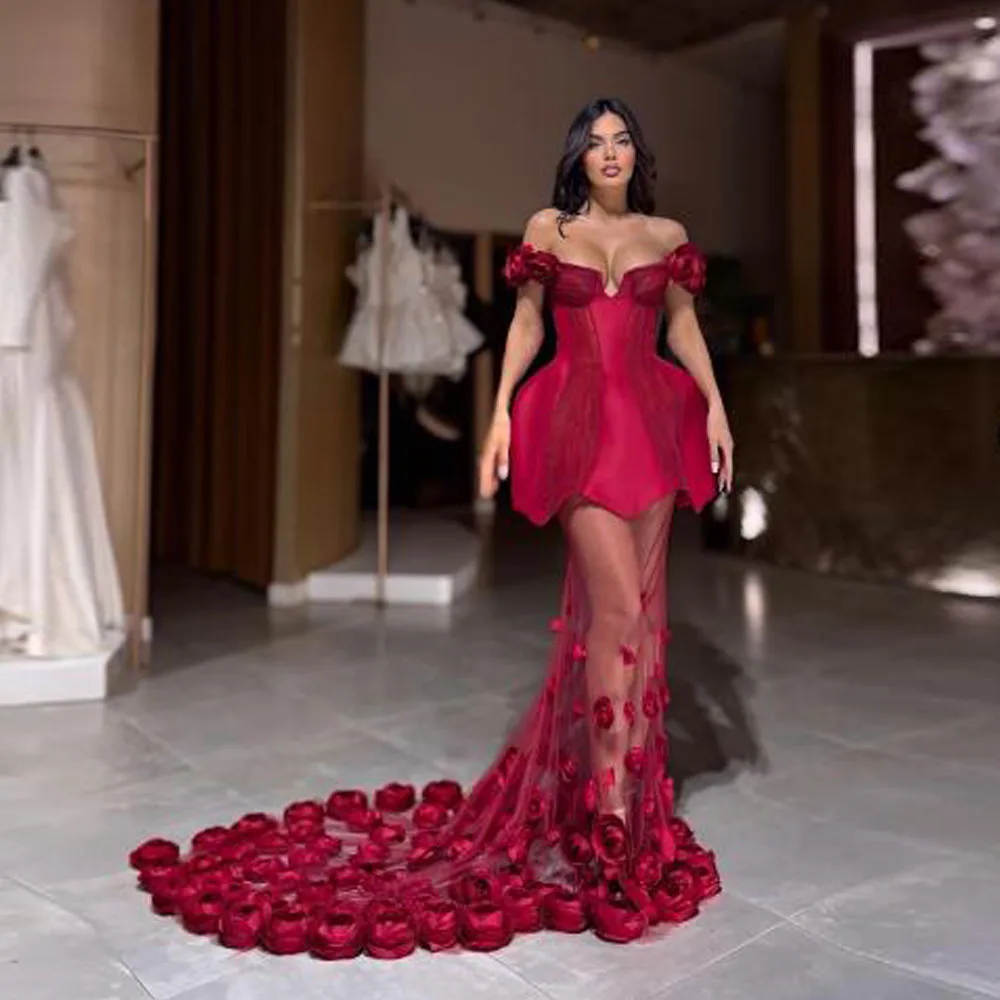 

Customized Modest Flower Engagement Dresses Off the Shoulder Illusion Skirt Evening Gown Mermaid Satin Meet Gala vestidos De