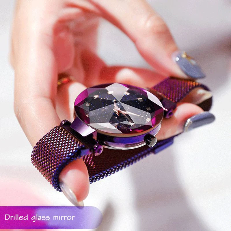 Relojes de pulsera de malla de acero inoxidable para mujer, reloj de pulsera de cuarzo analógico de cristal, reloj de vestir deportivo para mujer, cielo estrellado de lujo