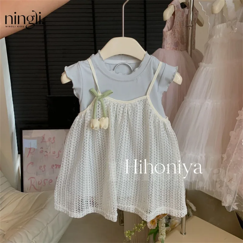 

Korean Children's Clothing2024Summer Sweet Tulip Vest Knitted Dress Baby Suit Fashionable