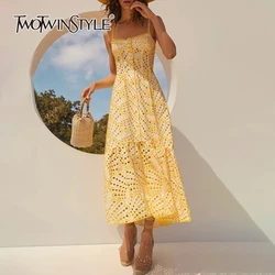 TWOTWINSTYLE Hollow Out Embroidery Dress For Women Square Collar Sleeveless High Waist Backless Slimming Dresses Female Style