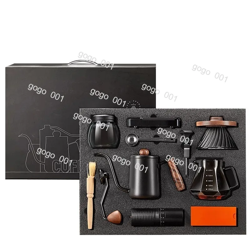 Manual Coffee Maker Set, Pour Over Kettle & Glass Carafe, Ceramic Dripper with Burr Grinder, Complete Home Barista Gift Box
