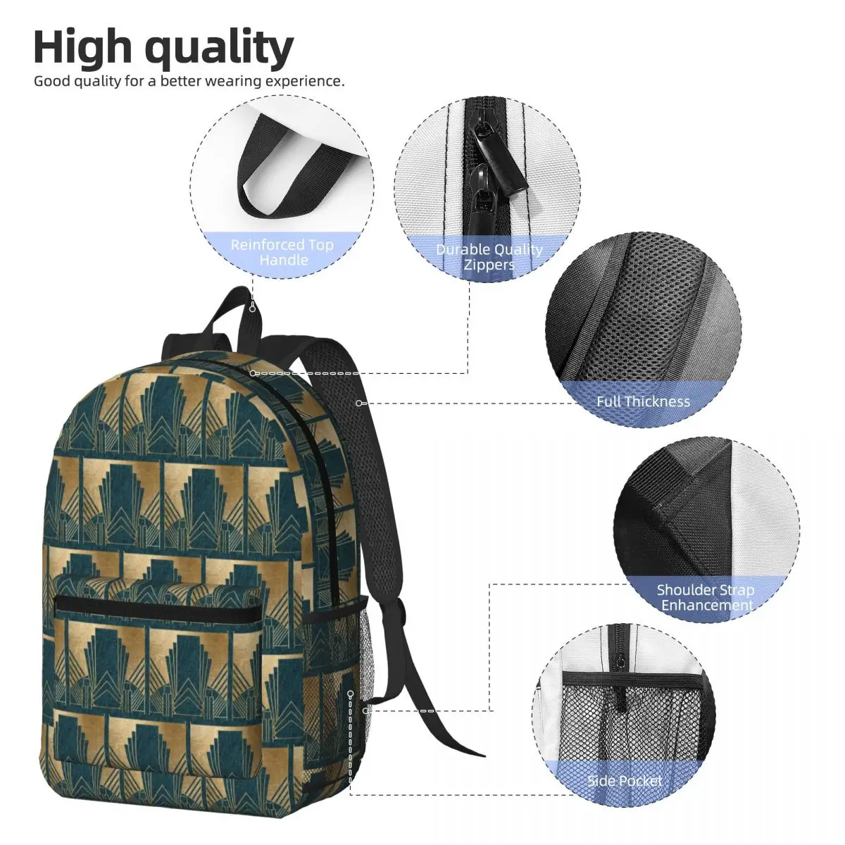 Art Deco Glamour - Teal And Gold Backpack Daypack Large Capacity Children BookBag School Bag Shoulder Bags for Men Women