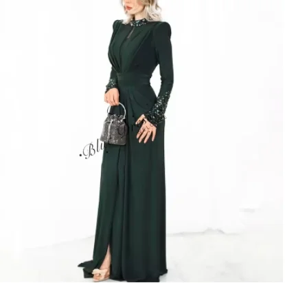 Op maat gemaakte elegante avondjurk met hoge hals, A-lijn galajurk met lange mouwen, lovertjes, ruches, lange verjaardagsjurk voor speciale gelegenheden