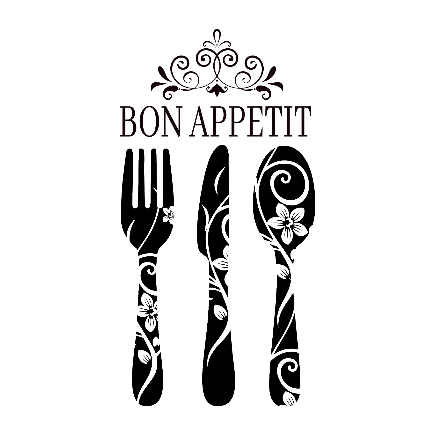Decalques de parede de utensílios Bon Appetit, adesivos de parede florais, garfo, faca, colher, decoração de cozinha francesa para sala de jantar