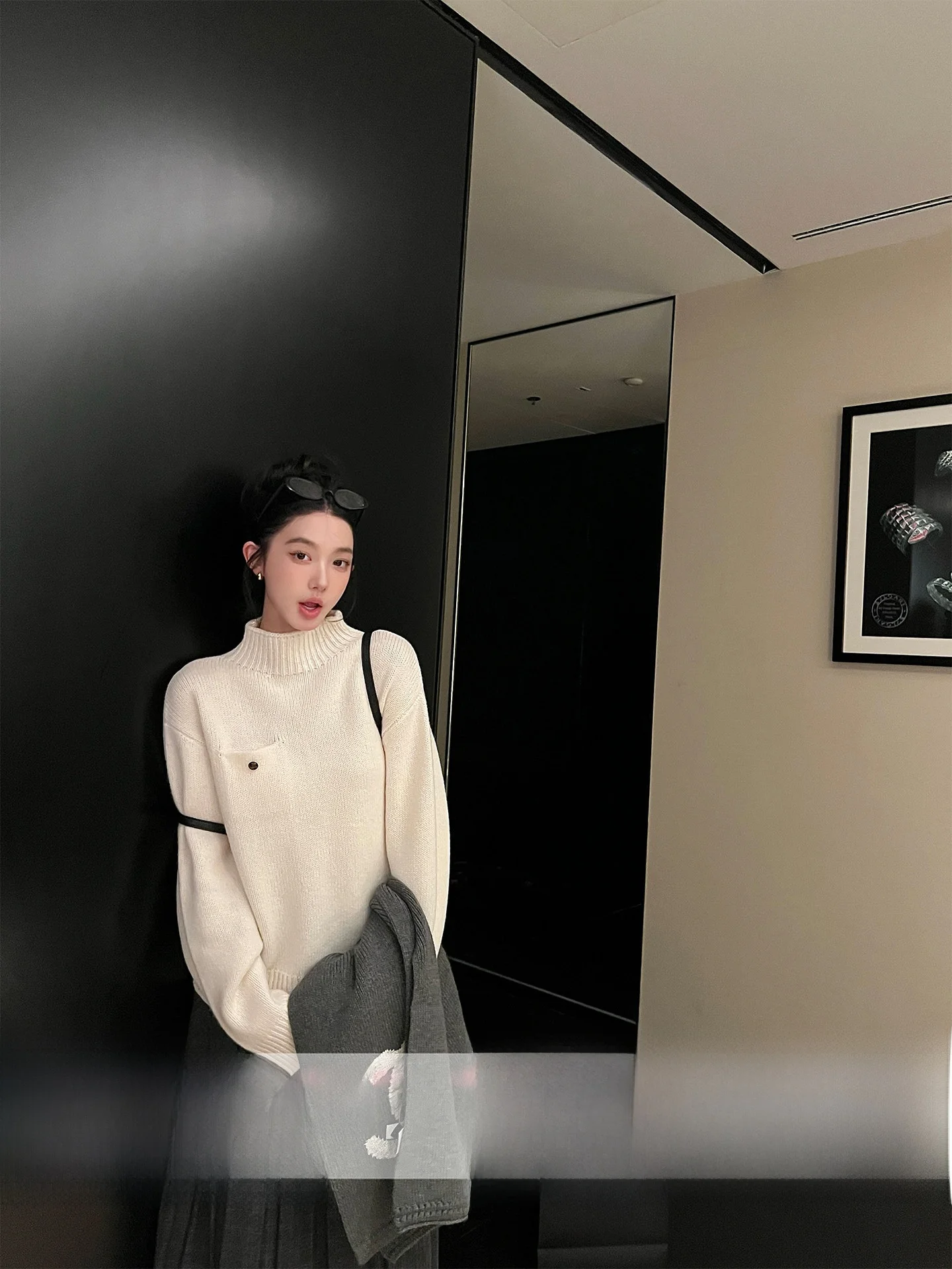

Ultra-Thi 00% Wool Knitted Sweater with ket for Women Casual Loose Fit High Collar ort Length Pure Color Winter Sweater