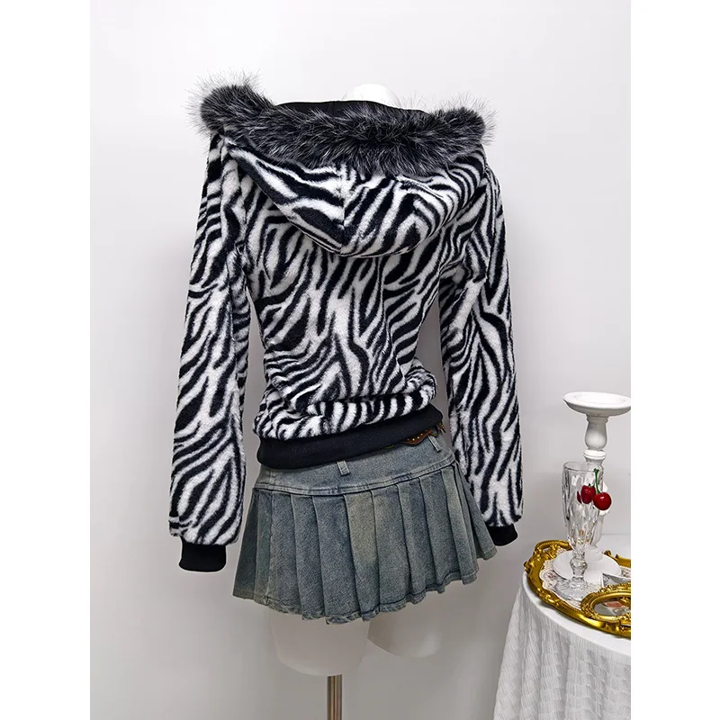 Benuynffy Zebra Print Fur Collar Short Coat Women's Autumn Winter Streetwear Hooded Long Sleeve Zipper Outerwears Y2k Clothes