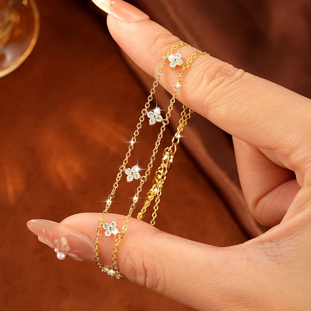 Lnkry 14K Gold Filled Armband mit vierblättriger Blume und Doppelkette für Damen, zertifiziertes 2mm rundes Moissanit-Armband, Handschmuck, Geschenk – Detail 10