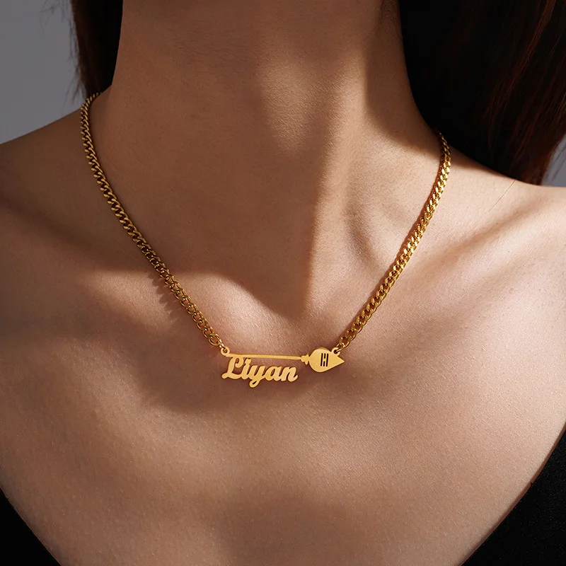 Auxauxme Custom Name Necklace for Men Women Stainless Steel Personalized Amulet Arrow Pendant Thick Chain Jewelry Birthday Gifts