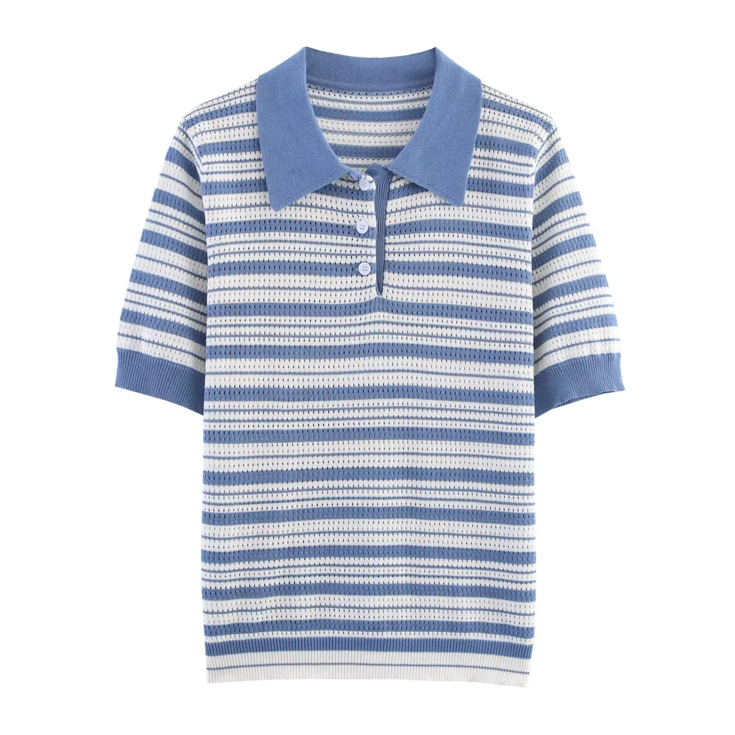 

Contrast Striped Knitted Sweater Women Fashion Blue Jumper Button Up Turn-down Collar Short Sleeve Pullover Casual Slim Knitwear