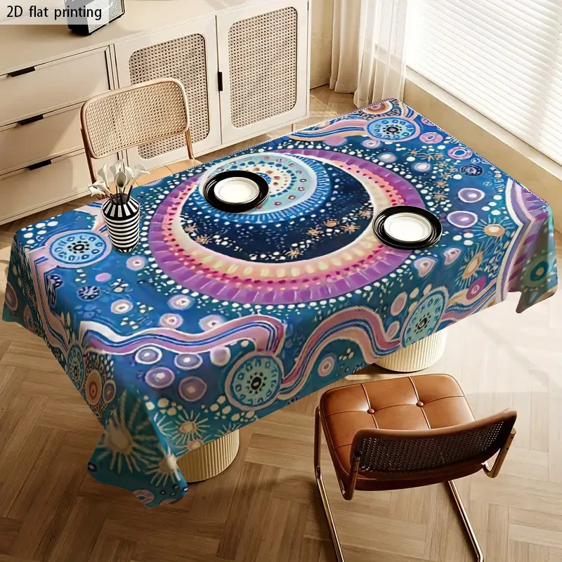 Vibrant Blue and Purple Mandala Pattern Waterproof Tablecloth for Dining Room Home Decor