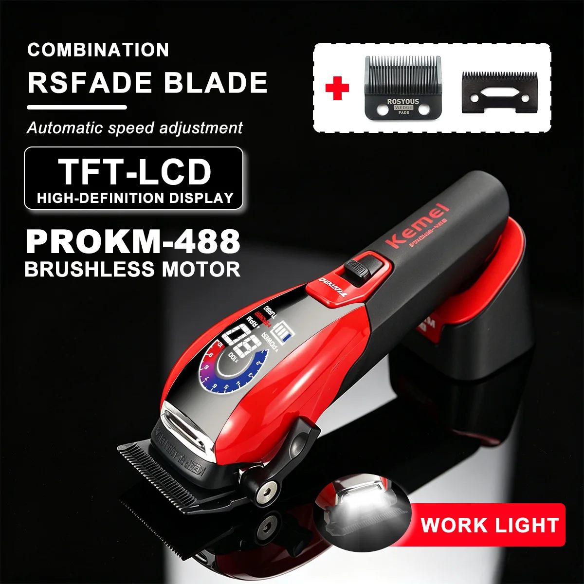 

Kemei PROKM-488 Men's Hair Clipper 8000RPM Brushless Motor DLCBlade with Base Charger TFT-LCD Display Professional Hair Clipper