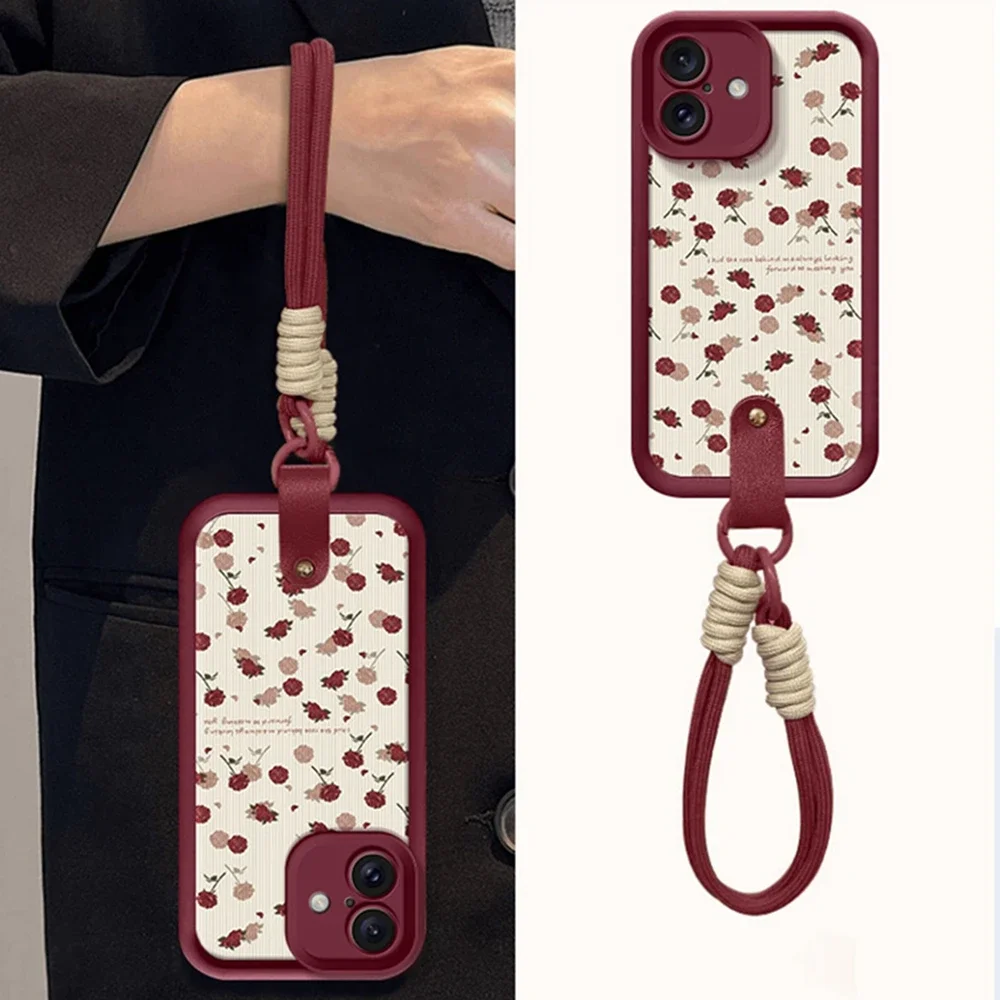 Luxury Rose Flower Strap 16 Phone Cases for iPhone 13 11 14 15 Plus 12 16 Pro Max X XR XS 15pro MAX Case Silicone Lanyard Cover