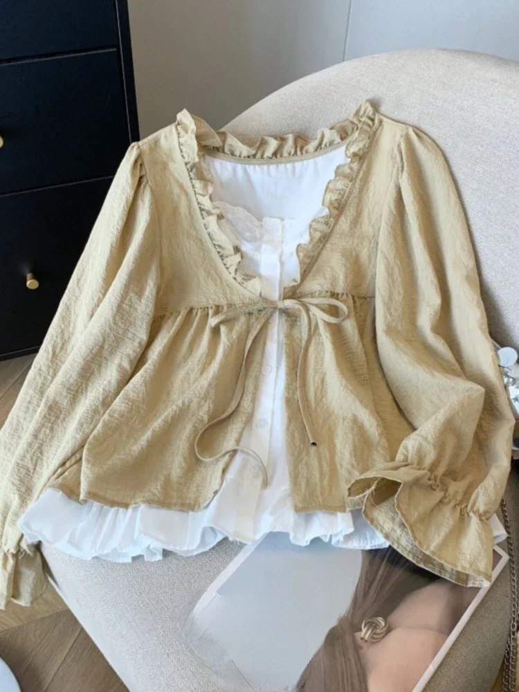 Fashion Elegant Blouses Fake Two Piece Patchwork Contrast Color Lace Up Folds Shirts Spring Autumn All Match Women Clothing 2024