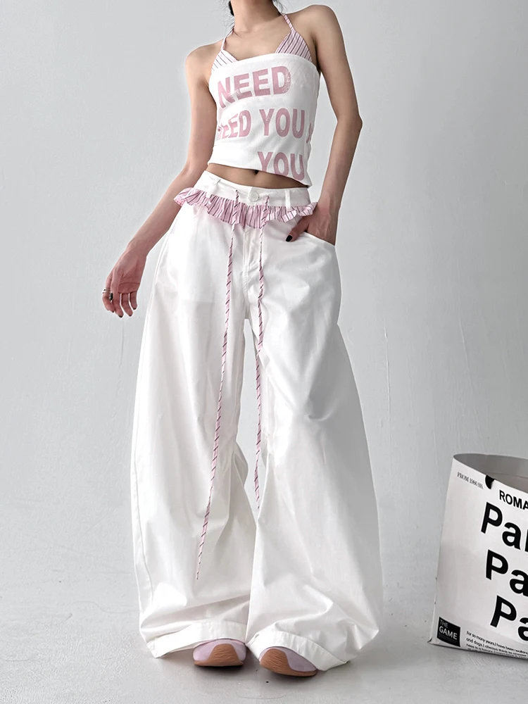 High Waist Loose Casual Pants Women's Spring Summer Floral Lace Splicing Wide Leg Pants Comfortable Breathable Cotton Trousers