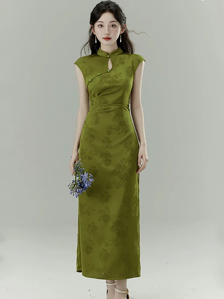 

Summer Green Jacquard Short Sleeve Stand Collar Long Dress Women Elegant Bodycon Cheongsam Dress 2025 Korean Luxury Party Dress