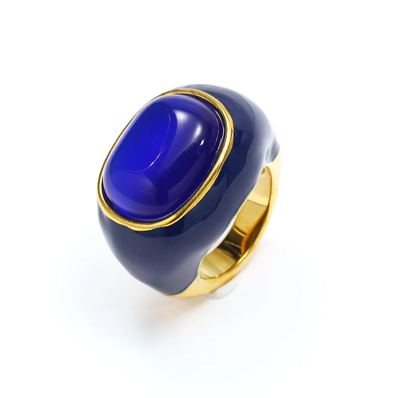Punk Rock Stainless Steel Colored Enamel Inlaid with Natural Stone Round Finger Rings for Women Charm Jewelry