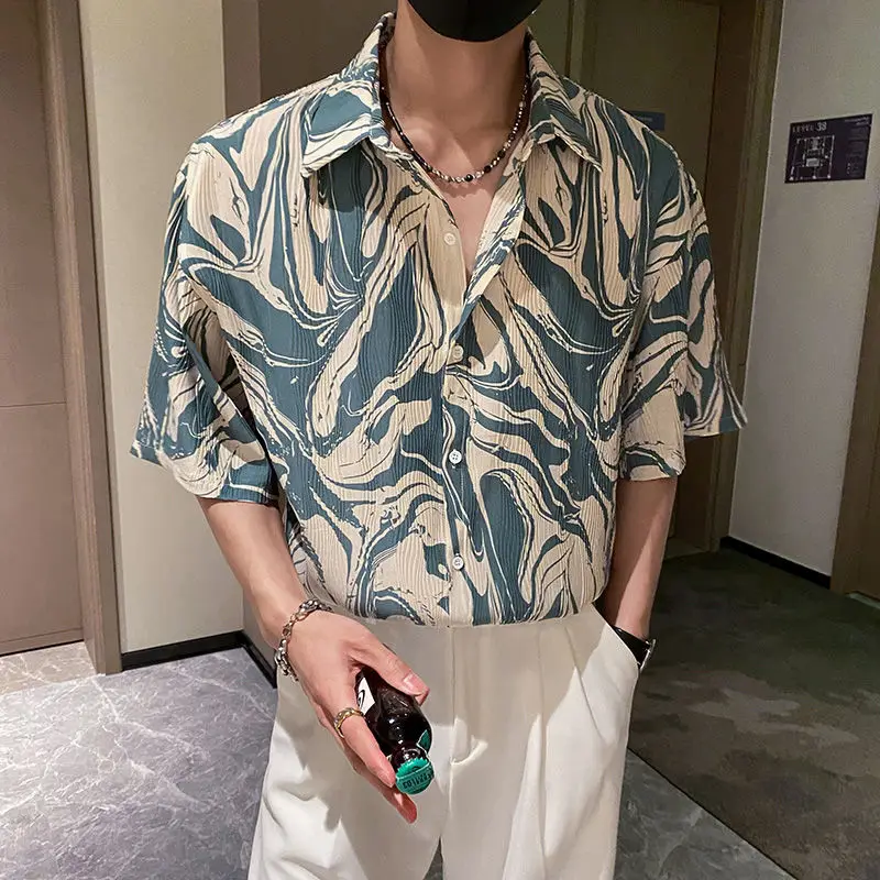 

Summer New Ice Silk Flower High Street Shirt Tops Men's Short Sleeve Plus Size Printing Fashion Blouse Trend Vintage Men Clothes