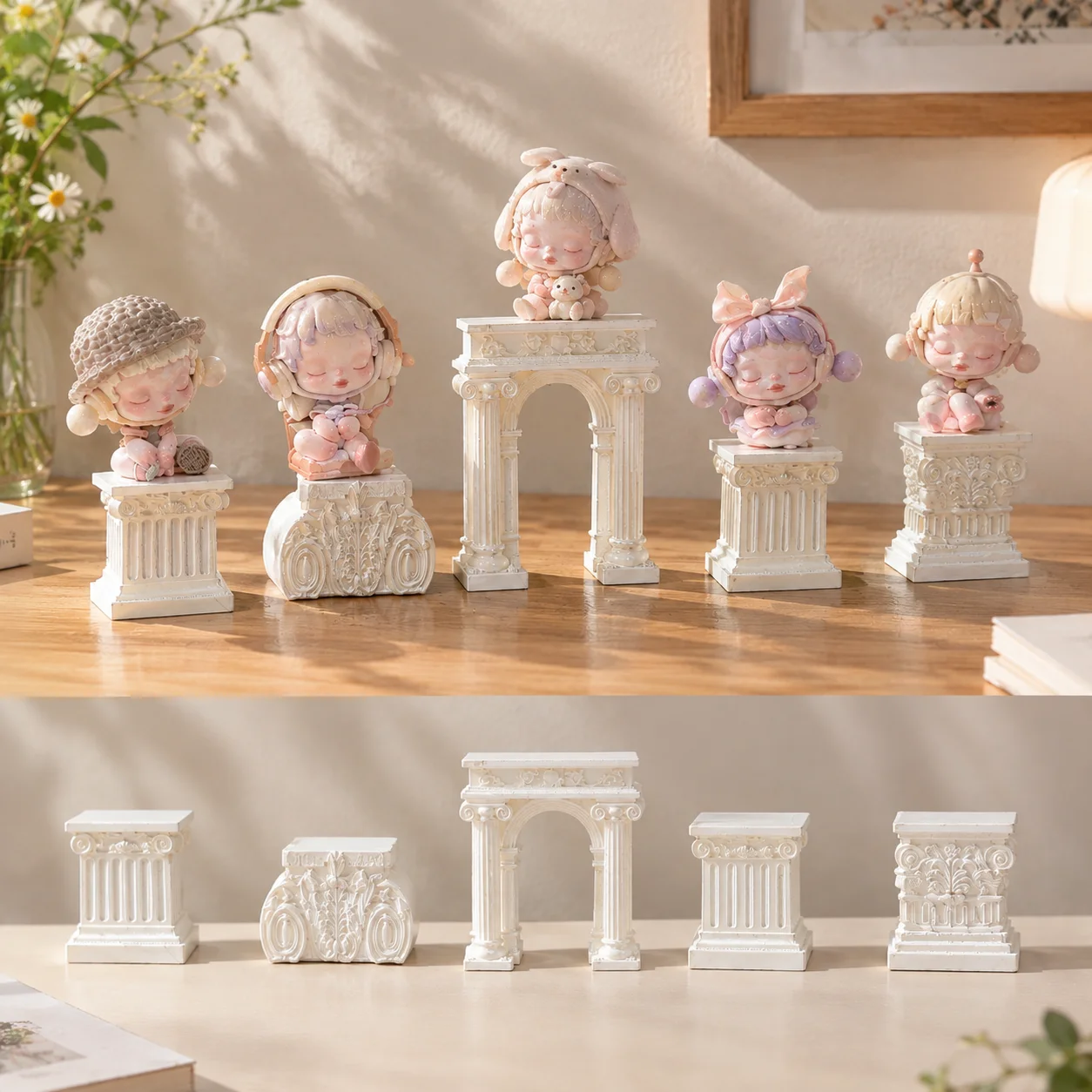 Mini Roman Column Display Stand, Greek Arch Pedestal White Resin Decorative Riser for Blind Box Action Figure Figurine Jewelry