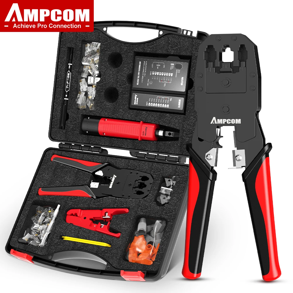 AMPCOM RJ45 Crimper Lan Tester Tool Set Ethernet Cable Stripper Punch Down Tool RJ 45 RJ11 Connectors 12 in 1 Cabling Repair Set