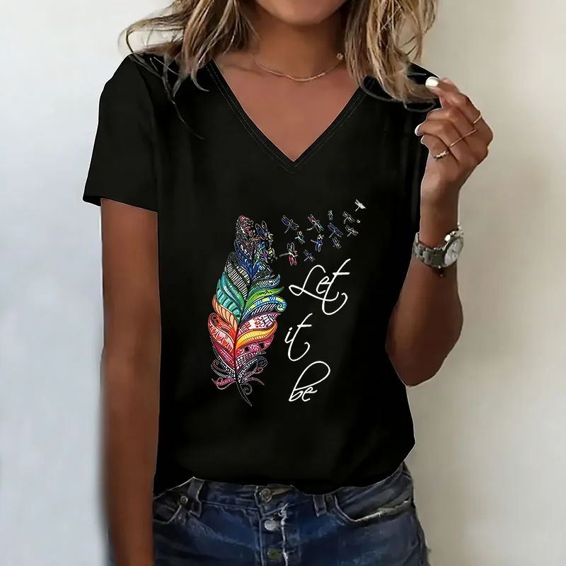 Casual Let It Be Leaf  T-shirt Women V Neck Fashion Y2k T Shirts Short Sleeve Tee Shirt V-Neck Summer Spring Clothing