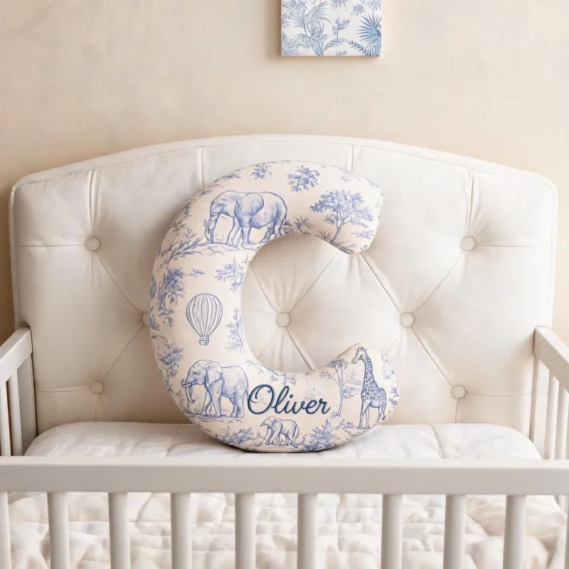 Custom Photo C Shaped Pillow Blue Vintage Safari Elephant Giraffe Pattern Decorative Cushion Personalized Name Unique Home Decor