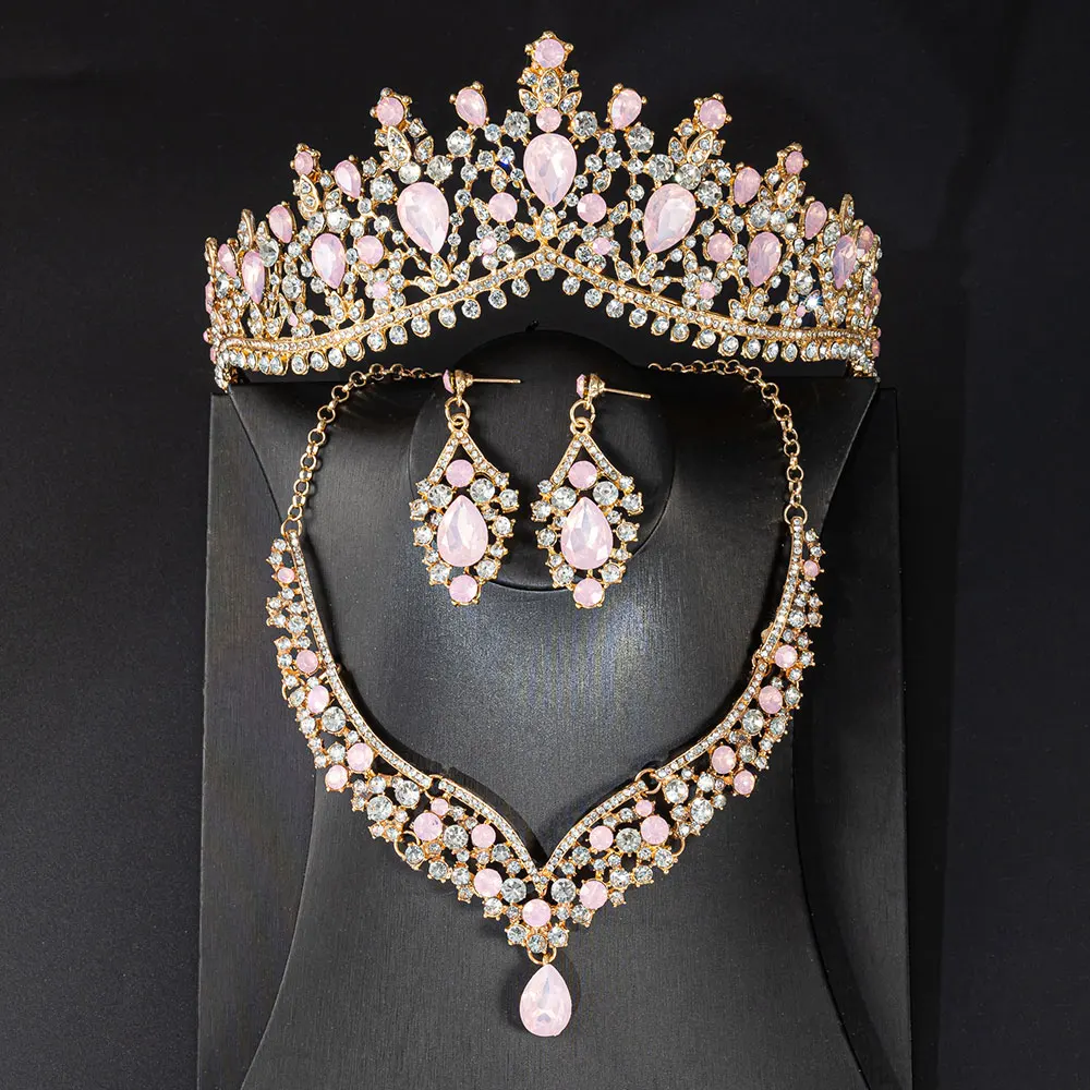 KMVEXO Gorgeous Crystal Opal Bridal Jewelry Sets Fashion Tiaras Earrings Necklaces Set for Women Wedding Dress Crown Jewelry Set view 6