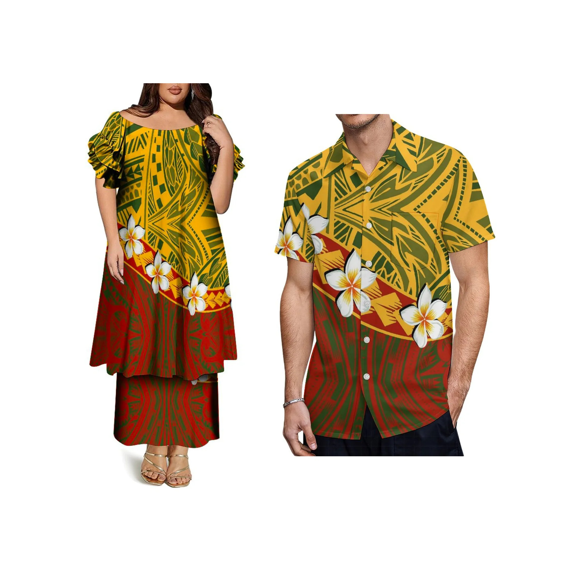 Custom Hawaii Print Green Samoa Puletasi Dress Big Size Women Double Frill Short Sleeve Dress off the Shoulder Long Dress 2pcs