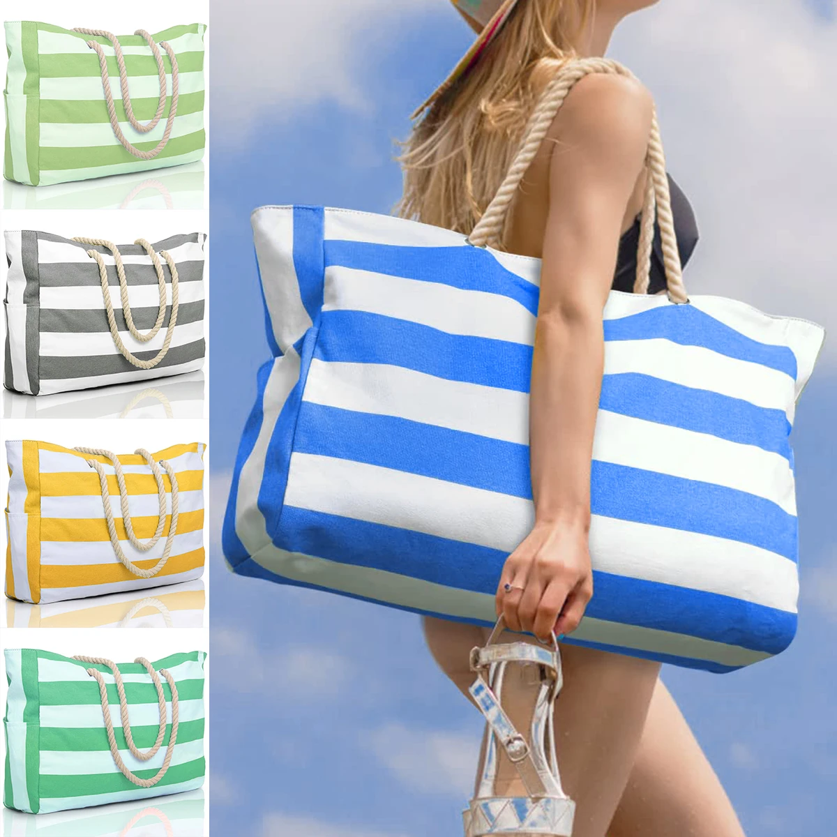 Striped zipper outer bag for outdoor travel and vacation, waterproof and sand resistant canvas, convenient folding beach bag-ll