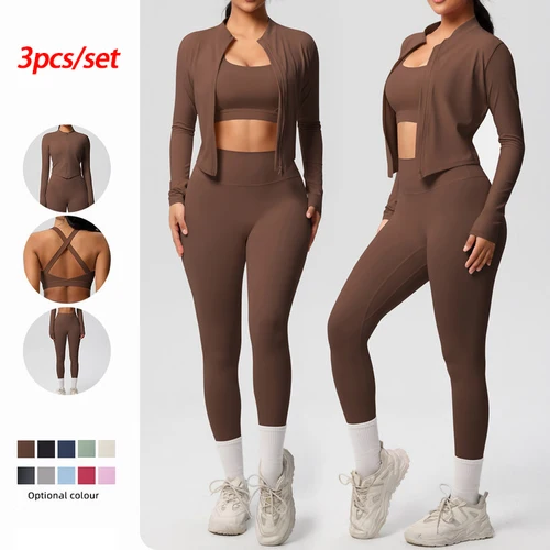 Conjunto de ropa deportiva de 3 uds para Yoga, Sujetador deportivo para gimnasio, chaqueta con cremallera, mallas, ropa deportiva, trajes de Yoga para mujer, conjunto de Fitness, chándal