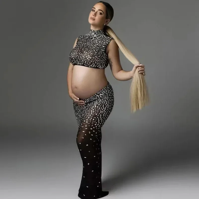 Moederschap Verfraaid Top En Onderkant Strass Rok Jurk Voor Zwangerschap Rekwisieten Jurk Fotoshoot Baby Shower Slijtage