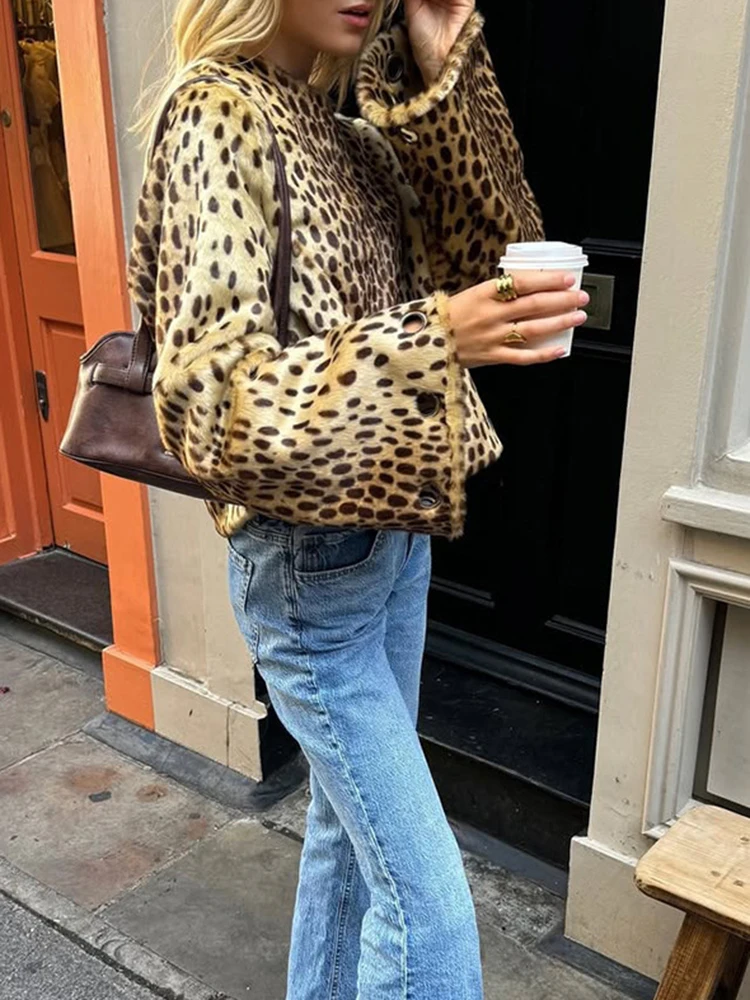Abrigo informal de piel con una hilera de botones para mujer, abrigo cálido a la moda con estampado de leopardo de calle, prendas de vestir de manga larga con cuello redondo para ir al trabajo