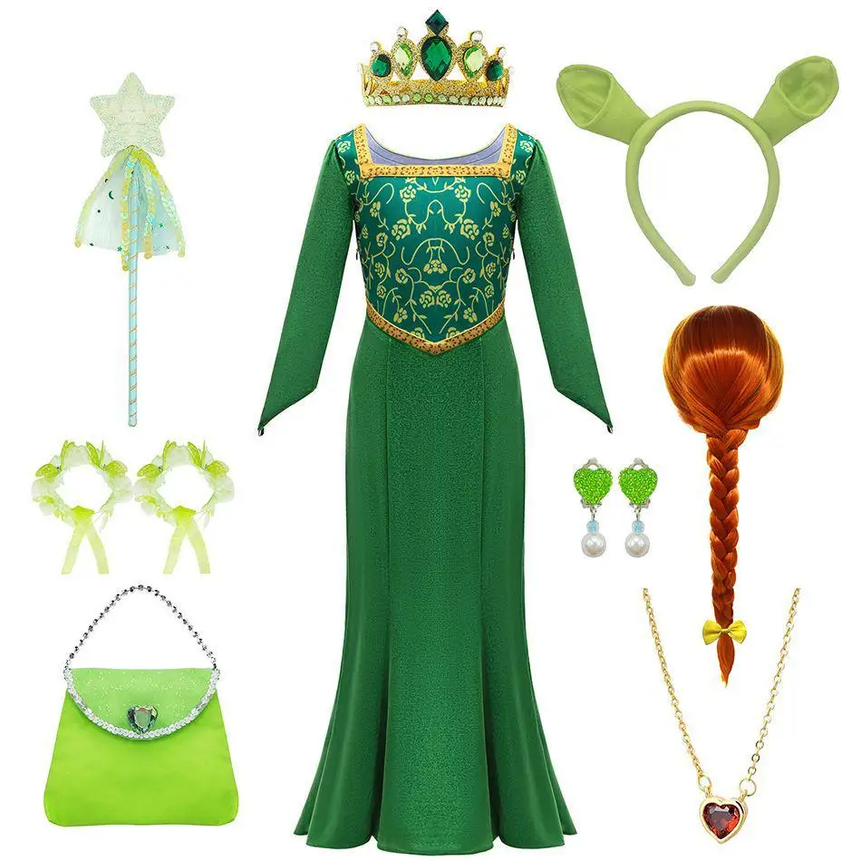 

Fiona Princess Inspired Green Dress Costume for Girls Velvet Long Sleeve Cosplay Outfit for Halloween Stage Performance