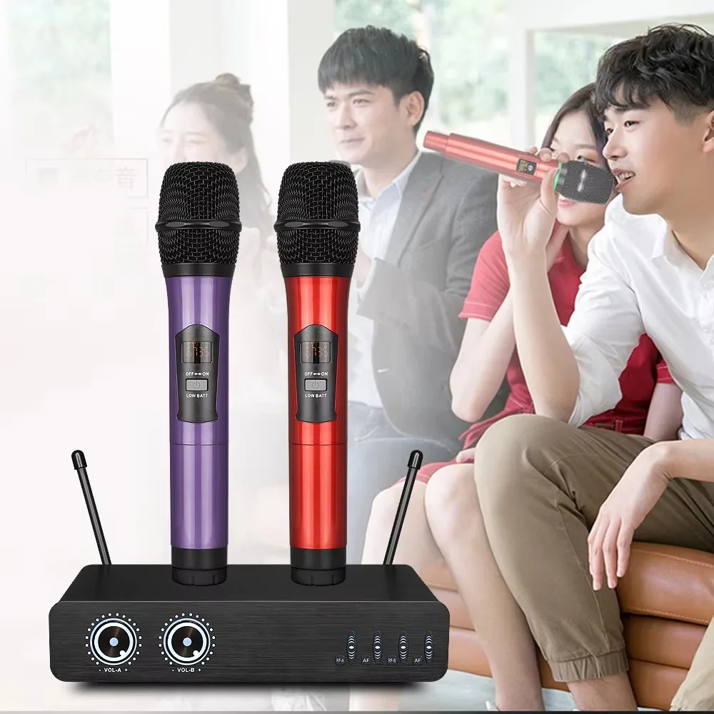 Mikrofon Bluetooth nirkabel Uhf, mikrofon profesional jangkauan kerja 150m Speaker Karaoke dengan 2 mikrofon dakwah hy226