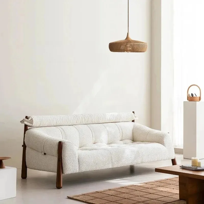 

Medieval cream style, straight row high backrest white retro ash wood three-person sofa